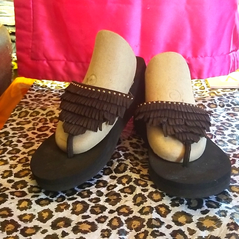 Yellow Box Wedged Heel, Leather Fringed Sandals, Women's sz.7.5, Dark Brown